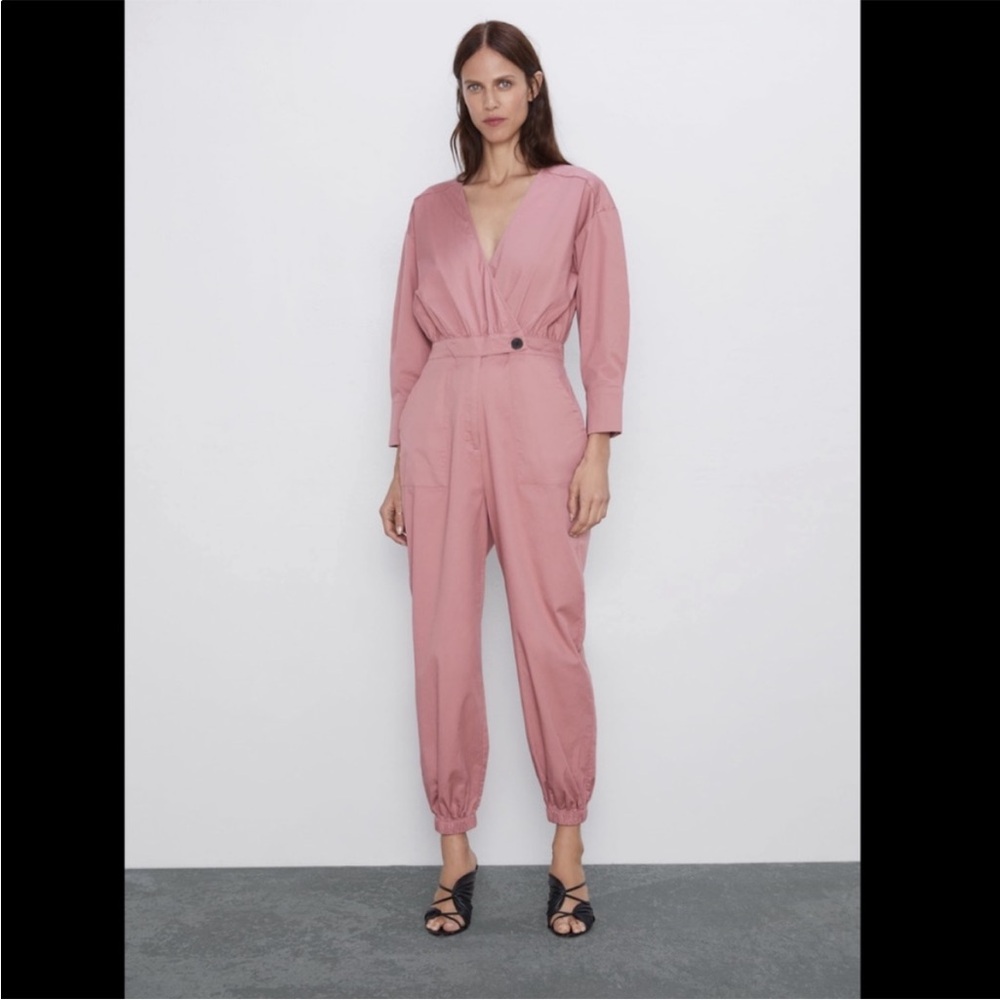 ZARA PINK POPLIN JUMPSUIT COVERALLS